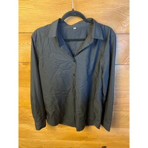 Women Black Long Sleeve Button Down‎ Shirt Collared Top Blouse Lg Career Office